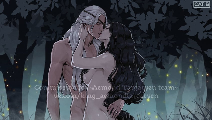 1boy 1girls a_song_of_ice_and_fire aemond_targaryen age_difference alys_rivers aquiline_nose arm_around_waist ass baiyun_cat black_hair canon_couple closed_eyes color colored eyepatch eyes_closed forest game_of_thrones hair_censor hand_on_back hand_on_neck holding_neck house_of_the_dragon kissing large_breasts light-skinned_female light_skin long_hair long_hair_female long_hair_male love naked older_female outdoors pale-skinned_female pale_skin romantic romantic_couple silver_hair straight_hair tan_body tan_skin wavy_hair white_hair younger_male