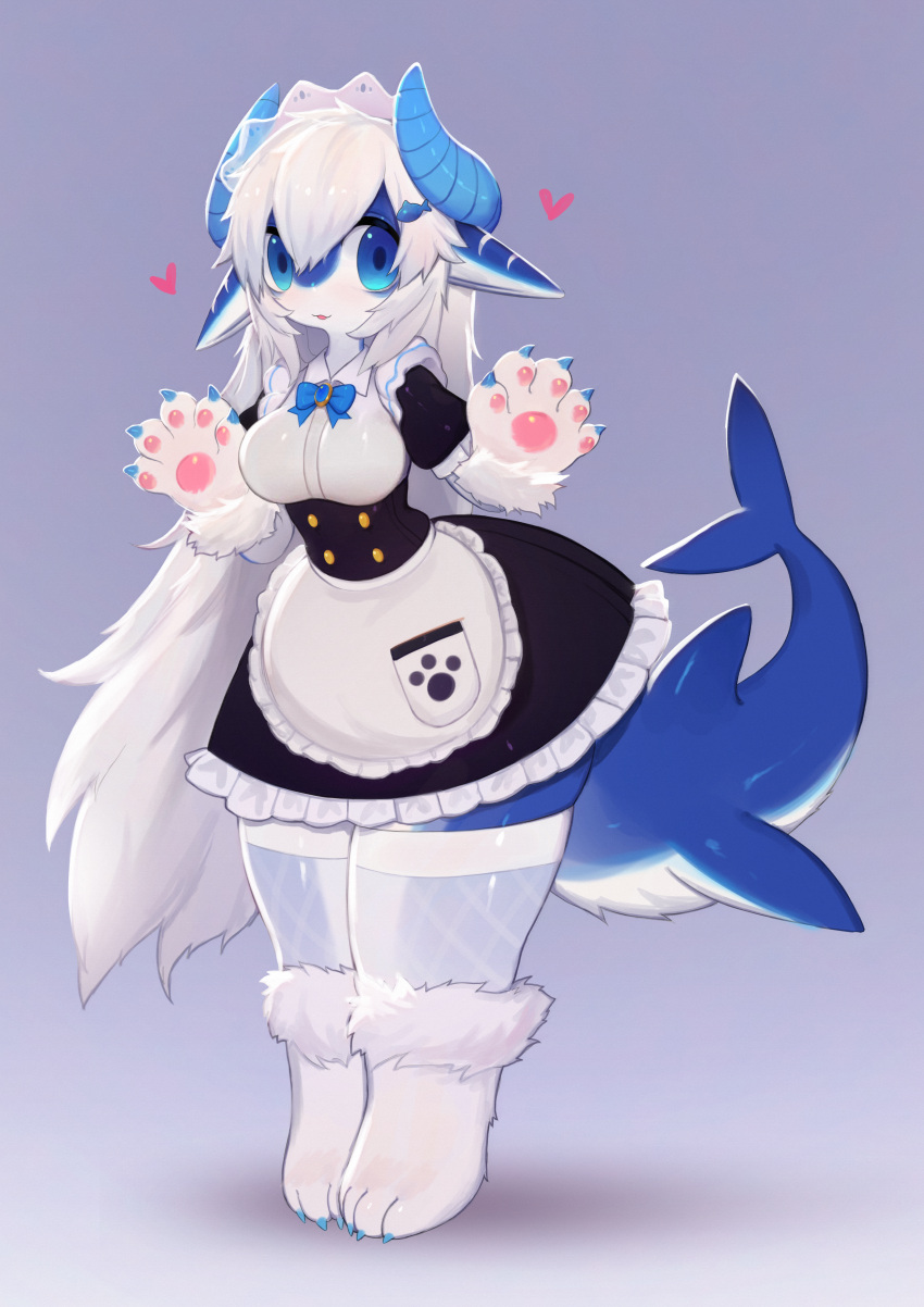 1girls 2023 absurd_res anthro blue_body blue_eyes blue_horn blue_scales clothing curled_horn cute dragon dragon_horns dress female female_only fish hair heart horn horns looking_at_viewer maid maid_headdress maid_uniform marine pawpads scales shark smiling smiling_at_viewer soda_(soda_uyu) soda_uyu solo thighhighs uniform white_hair