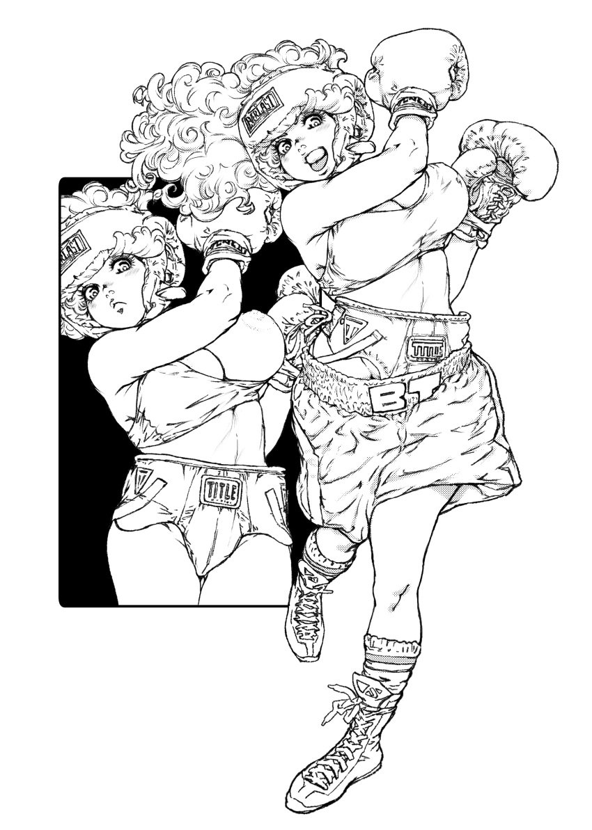 1girls big_breasts boots boxing boxing_gloves boxing_headgear boxing_shorts crop_top headgear line_art mouthguard one_breast_out vigwer