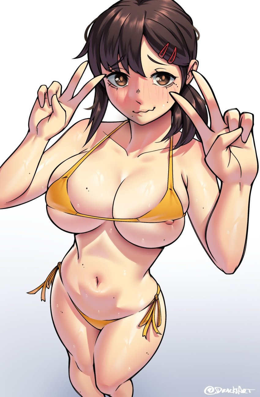 1girls alternate_breast_size bikini blush breasts brown_hair chainsaw_man double_peace_sign double_v dracksart female higashiyama_kobeni large_breasts light-skinned_female light_skin nervous nipple nipple_slip peace_sign short_hair v w_arms wardrobe_malfunction