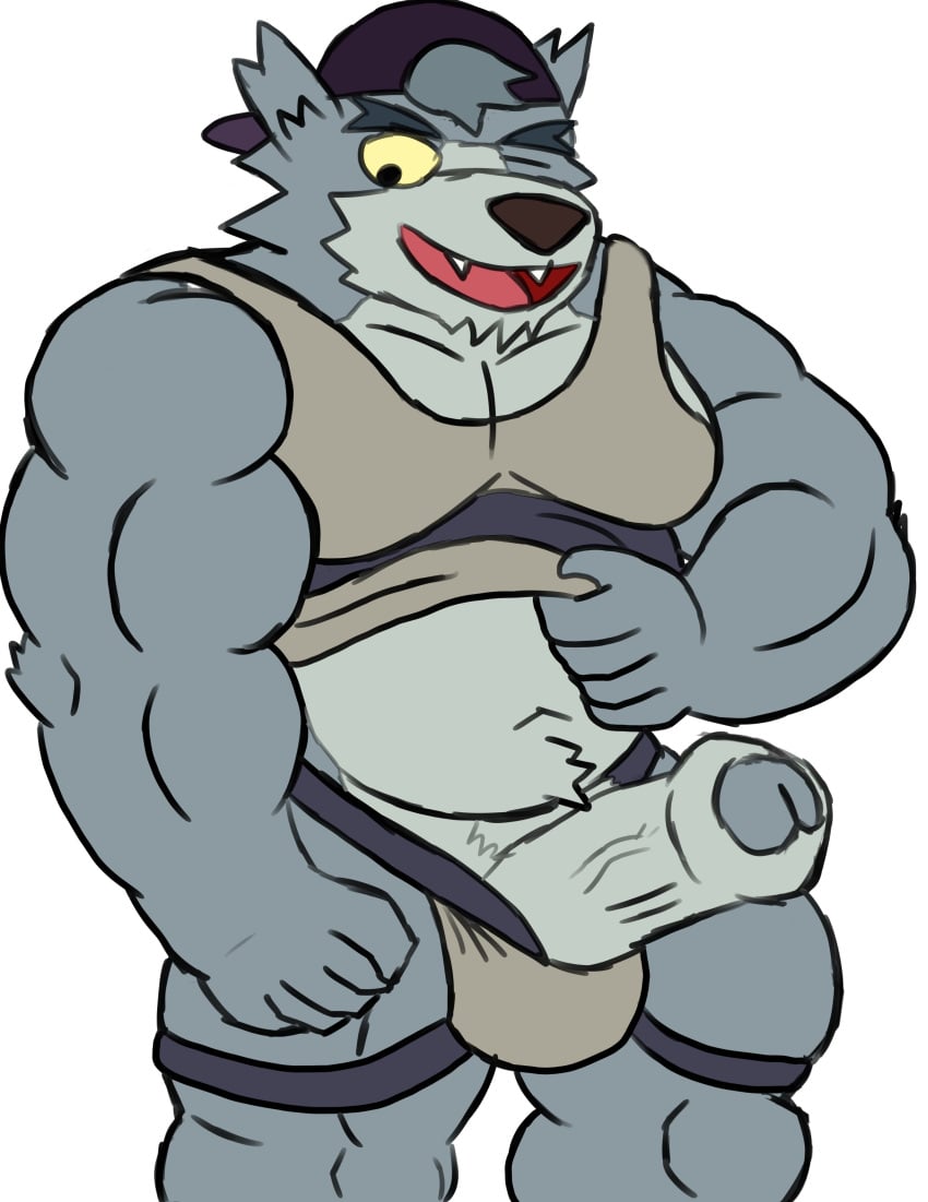 absurd_res amideo anthro backwards_hat canid canine canis cartoon_network clothing eyebrows genitals hat headgear headwear hi_res humanoid_genitalia humanoid_penis male male_only mammal one_eye_closed penis shirt simple_background solo topwear we_baby_bears we_bare_bears white_background wolf wolf_(we_baby_bears)