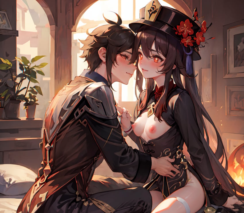 1boy 1boy1girl 1girls ai_generated bed black_hair black_headwear black_shorts blush bottomless breasts brown_hair chinese_clothes couple eyeliner eyeshadow female fireplace formal genshin_impact gradient_hair hair_between_eyes hat hat_flower hu_tao_(genshin_impact) imminent_kiss jacket long_sleeves looking_at_another medium_breasts multicolored_hair nipples open_mouth pants pillow plum_blossoms porkpie_hat potted_plant red_eyes red_eyeshadow sidelocks sitting smile straight suit twintails very_long_hair yellow_eyes zhongli_(genshin_impact)