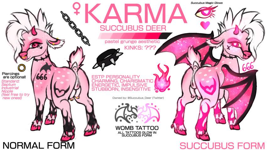 1animal animal_genitalia chains collar crotchboobs deer demonic female feral genitals hi_res hooves horn karma karma(succubusdeer) magic mammal membrane_(anatomy) membranous_wings model_sheet presenting raised_tail solo spiked_collar spikes succubus succubus_deer tail tattoo wings