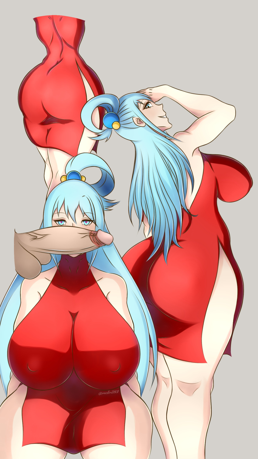 1boy 1girls alternate_breast_size aqua_(konosuba) blue_eyes blue_hair breasts dick dress female grey_background huge_boobs huge_breasts huge_cock kono_subarashii_sekai_ni_shukufuku_wo! male master1000 nipples penis