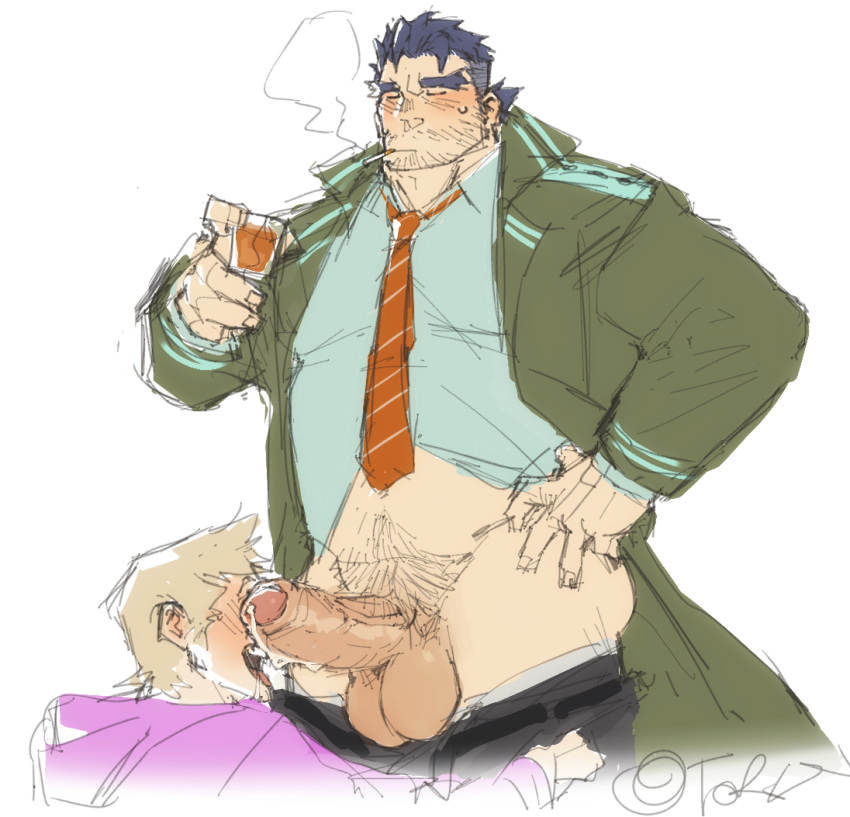 alcohol balls bara big_penis blush boner cigarette closed_eyes erection facial_hair gammei_(live_a_hero) jacket live-a-hero male male_only muscles muscular open_jacket pants pants_down penis precum shirt tora_gy