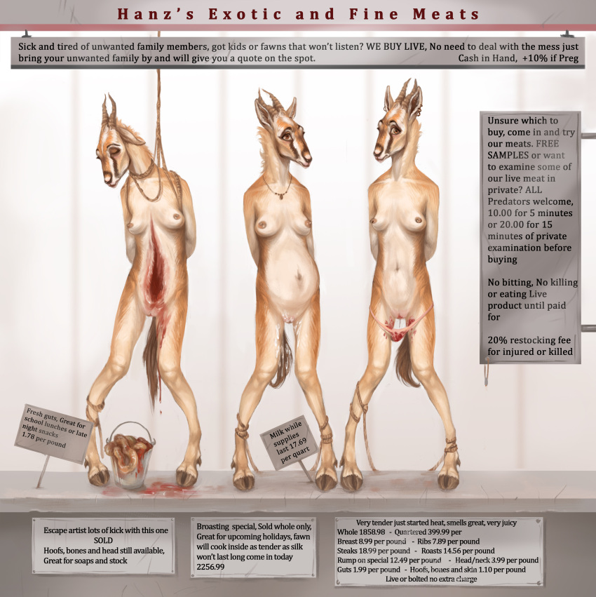 absurd_res after_rape after_sex antelope belly blood bodily_fluids bound bovid breasts bucket clothed clothing container cooking_with_furs corpse cum cum_on_body death digital_media_(artwork) disembowelment female gazelle genital_fluids gore group guts hi_res imminent_death intestines mammal maziurek menstruation navel nipple_piercing nipples nude organs panties panties_down partially_clothed piercing pregnant prostitute_cub_(marimo) skinny skinny_female slave small_breasts snuff teenager text trio underwear underwear_down young