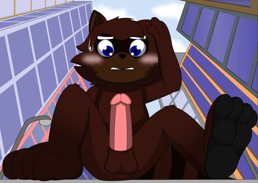 2023 4_toes anthro barefoot blue_eyes blush bodily_fluids brown_body brown_fur building cel_shading city clothed clothing erection feet fur genitals hi_res macro male mammal penis procyonid raccoon reggie_rakun reggie_rakun_(character) shaded solo street_lamp sweat sweatdrop toes