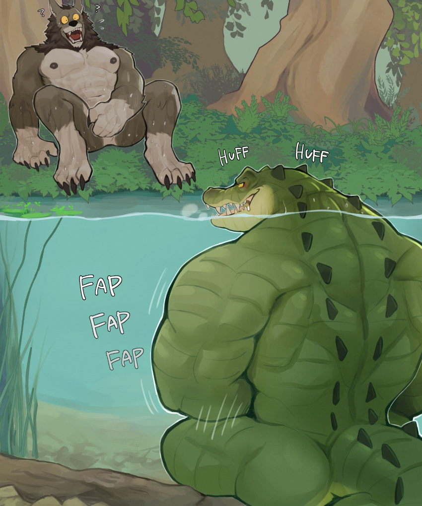 2023 absurd_res anthro biped black_body black_fur black_nipples black_pawpads canid canine claws covering covering_self crocodile crocodilian crocodylid detailed_background digital_media_(artwork) digitigrade duo finger_claws fur green_body green_scales grey_body grey_fur hi_res k0bit0wani male mammal masturbation multicolored_body multicolored_fur muscular muscular_anthro muscular_male nipples outside partially_submerged partially_underwater_shot pawpads pecs question_mark reptile scales scalie sitting underwater were werecanid werecanine werewolf wet wet_body white_body white_fur wide_eyed yellow_eyes