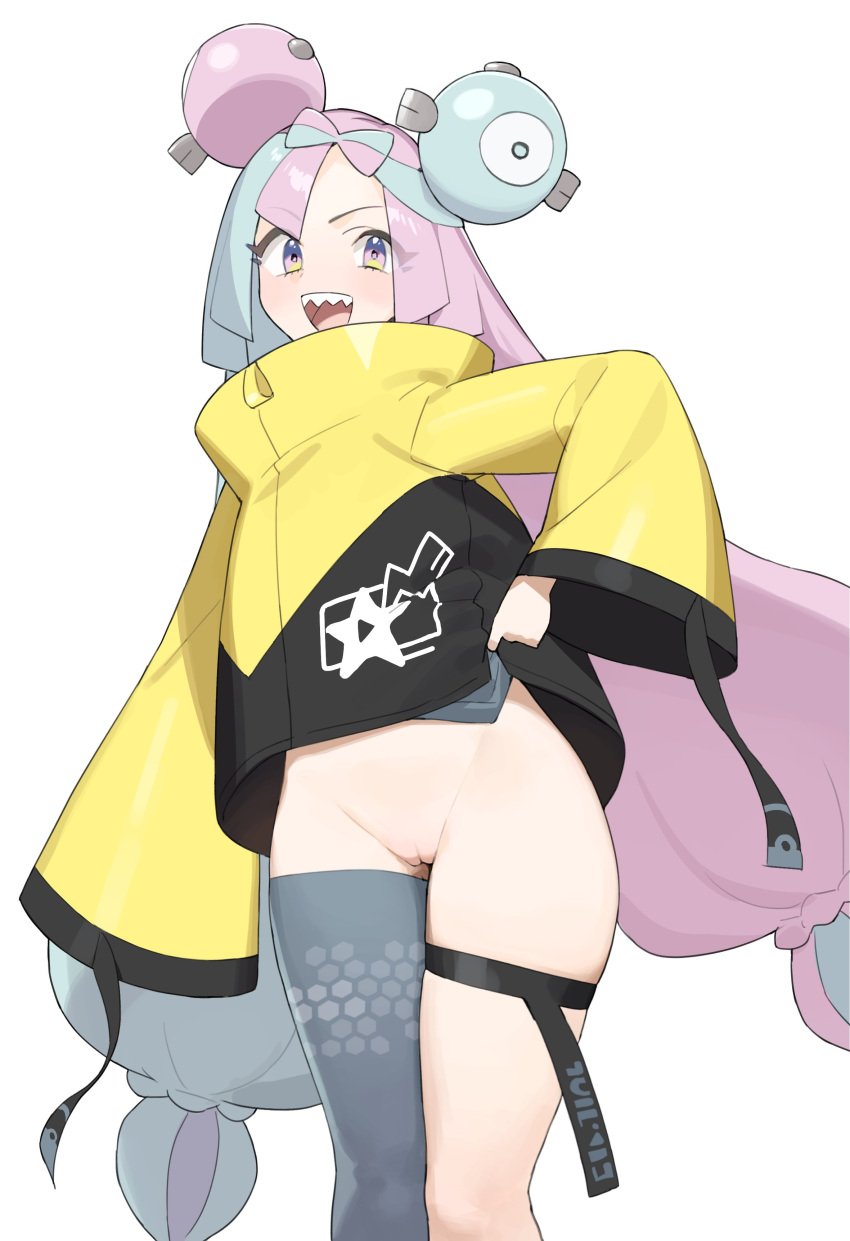 absurdres blue_hair blush bottomless bow-shaped_hair breasts character_hair_ornament cleft_of_venus clothes_lift female hair_ornament hexagon_print highres iono_(pokemon) jacket kt_(kusare171) lifted_by_self long_hair looking_at_viewer low-tied_long_hair multicolored_hair no_panties open_mouth oversized_clothes pink_hair pokemon pokemon_(game) pokemon_sv pussy sharp_teeth shirt single_leg_pantyhose sleeves_past_fingers sleeves_past_wrists smile solo split-color_hair star_(symbol) star_in_eye symbol_in_eye teeth thigh_strap thighhighs two-tone_hair very_long_sleeves yellow_eyes yellow_jacket