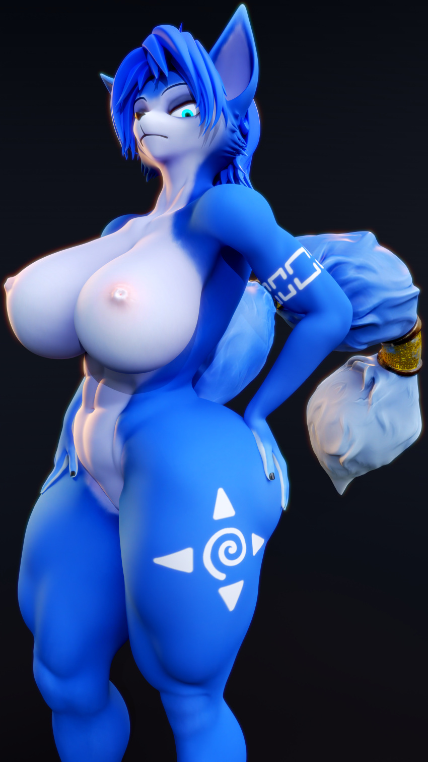 1girls abs absurd_res anthro big_breasts black_lips blue_body blue_fur breasts canid canine curvy_figure erect_nipples female fox fur hand_on_butt hand_on_hip hi_res hourglass_figure krystal leg_tattoo lips looking_at_viewer looking_down mammal muscular muscular_female nintendo nipples severalbaps small_waist solo standing star_fox tattoo white_body white_fur wide_hips