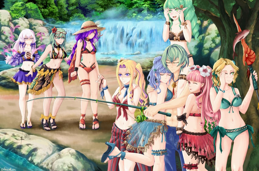 1boy 6+girls 8girls ;p adapted_costume alternate_costume alternate_hairstyle anger_vein angry ass bangs bare_legs big_ass bikini black_bikini black_swimsuit blonde_hair blue_bikini blue_swimsuit blush breasts brown_bikini brown_swimsuit byleth_(fire_emblem) byleth_(fire_emblem)_(female) byleth_(fire_emblem)_(male) carrying choker cleavage closed_eyes colored_inner_hair constance_von_nuvelle earrings ebrietas_(arayaejiri) embarrassed envy expressionless eyes_in_shadow female female_focus fire_emblem fire_emblem:_three_houses fire_emblem_heroes fire_emblem_warriors:_three_hopes fish fishing fishing_rod flayn_(fire_emblem) flower gloves green_eyes green_hair grin group_hug hair_down hair_flower hair_over_one_eye happy harem hat hilda_valentine_goneril hug ingrid_brandl_galatea legs light_blue_hair long_hair lysithea_von_ordelia magic male marianne_von_edmund medium_breasts medium_hair mercedes_von_martritz_(cosplay) multicolored_hair multiple_girls nervous nervous_smile nintendo official_alternate_costume one_eye_closed orange_bikini orange_swimsuit outdoors pink_eyes pink_hair pointy_ears ponytail post-timeskip purple_bikini purple_eyes purple_hair purple_swimsuit sandals sarong see-through shez_(female)_(fire_emblem) shez_(fire_emblem) short_hair small_breasts smile star-shaped_pupils sun_hat swimsuit symbol-shaped_pupils tongue tongue_out twintails white_hair wink