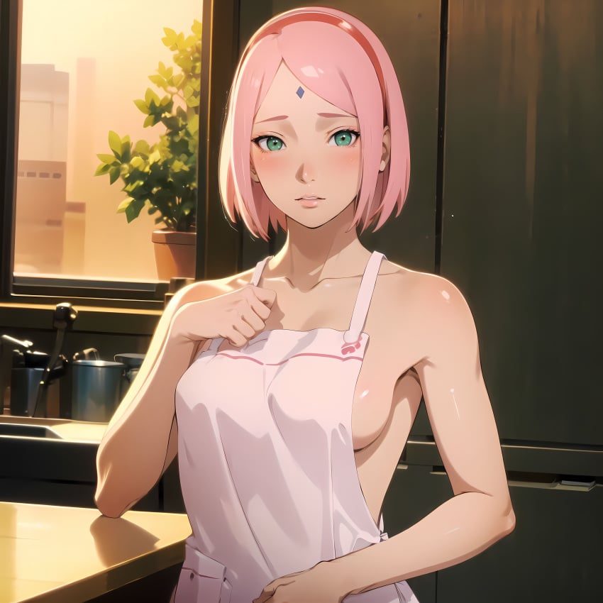 1girls ai_generated alyxra apron apron_only blush boruto:_naruto_next_generations female female_only green_eyes indoors jordan53 kitchen long_hair looking_at_viewer mature mature_female milf nai_diffusion naked_apron naruto naruto_(series) pink_hair sakura_haruno solo solo_focus stable_diffusion