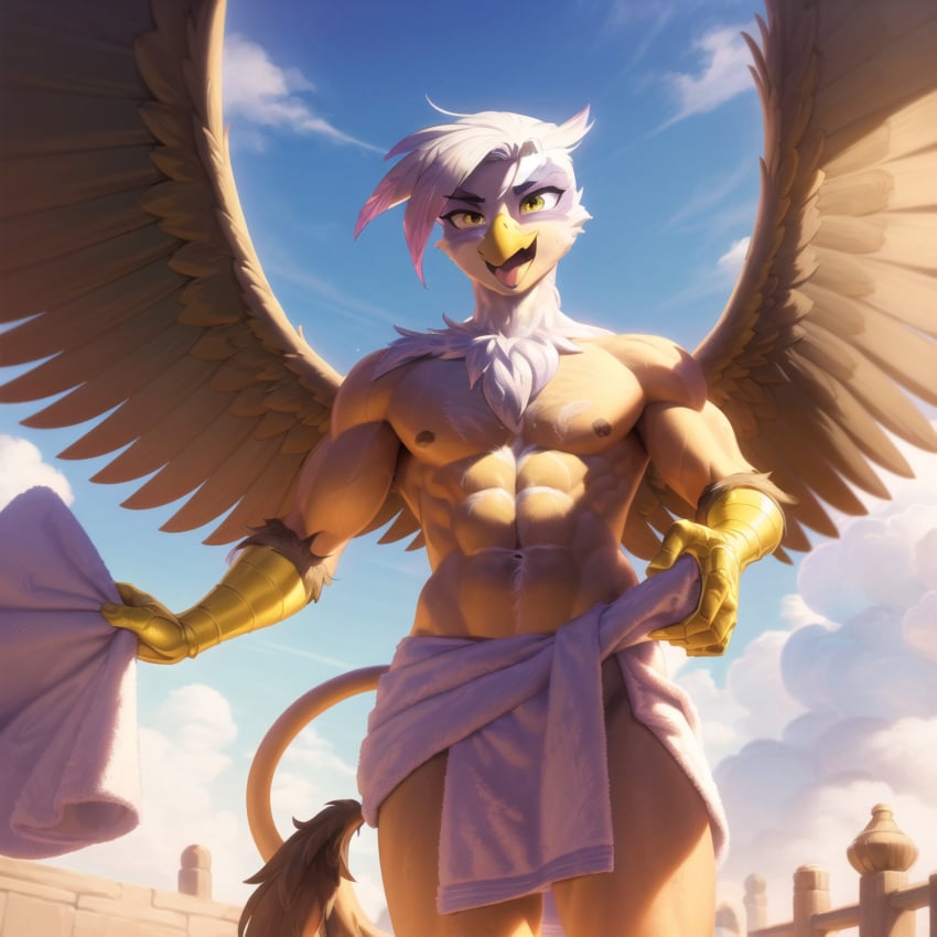 1boy abs ai_generated anthro anthrofied avian background beak feathered_wings feathers femboy femboy_focus friendship_is_magic genderbend genderbent genderswap genderswap_(ftm) gilda_(mlp) gryphon guilder_(mlp) hasbro hi_res highres looking_at_viewer male male_focus male_only muscular muscular_arms muscular_male muscular_male_only my_little_pony mythological_avian nipples pecs rule_63 solo tail toned toned_body toned_male toned_stomach towel towel_only two_tone_fur twunk white_feathers wide_hips wings yellow_eyes