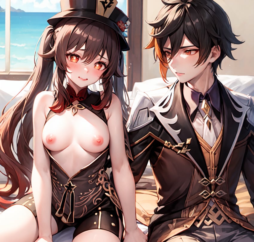 1boy 1boy1girl 1girls ai_generated bed black_hair black_headwear black_shorts blush breasts brown_hair chinese_clothes coattails couple eyeliner eyeshadow female formal genshin_impact gradient_hair hair_between_eyes hand_on_another's_ass hat hat_flower hu_tao_(genshin_impact) jacket long_sleeves looking_at_viewer medium_breasts multicolored_hair necktie nipples open_mouth pillow plum_blossoms porkpie_hat red_eyes red_eyeshadow sidelocks sitting smile straight suit twintails upper_teeth_only very_long_hair yellow_eyes zhongli_(genshin_impact)