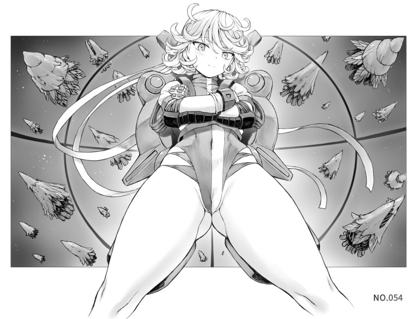 1girls ass_visible_through_thighs clothed clothed_female cosplay female female_only gunbuster leotard mogudan monochrome noriko_takaya_(cosplay) one-punch_man solo tagme tatsumaki uniform