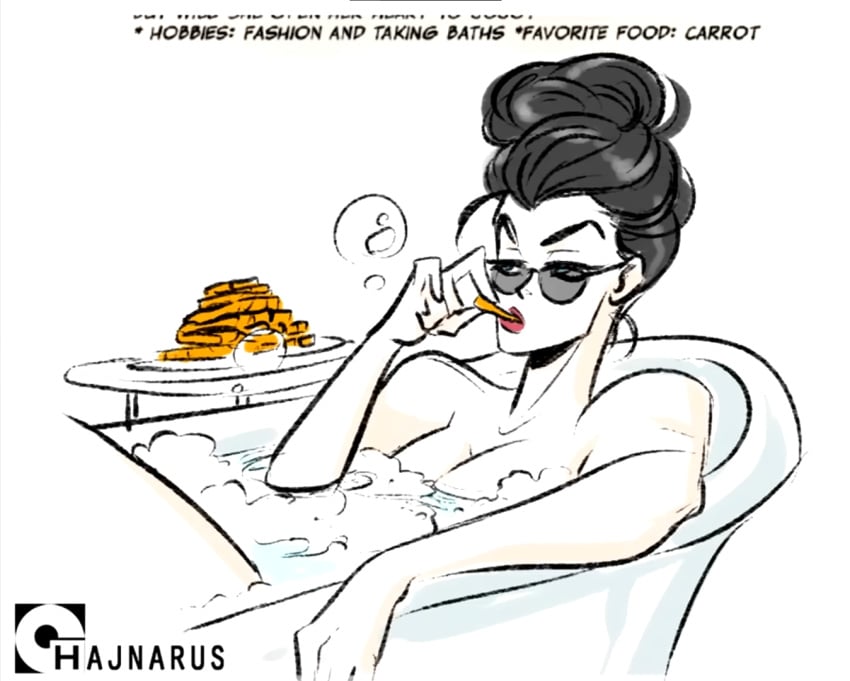 1girls bath bathing bathroom bathtub battle_tendency black_hair blue_eyes bun_(hairstyle) bun_cover bun_hair carrot eating female female_only glasses hajnarus hajnarus in_bath jojo's_bizarre_adventure lisa_lisa naked solo white_background white_body