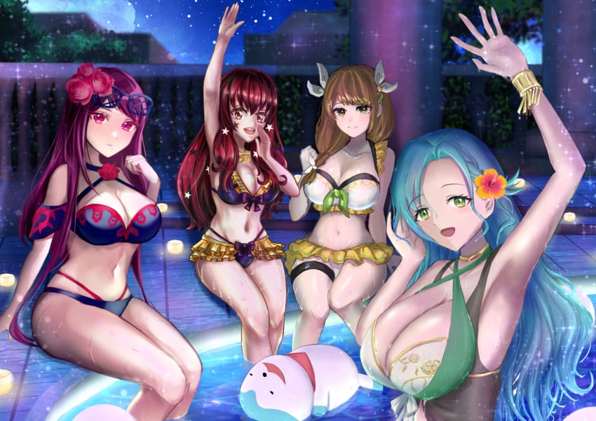 4girls armpits blue_bikini blue_swimsuit breasts chloe_(fire_emblem) cleavage female female_only fire_emblem fire_emblem_engage goldmary_(fire_emblem) green_bikini green_swimsuit huge_breasts ivy_(fire_emblem) large_breasts looking_at_viewer matoimangekyo multiple_girls nintendo purple_bikini purple_swimsuit sommie_(fire_emblem) swimsuit wanhua_mirror white_bikini white_swimsuit yunaka_(fire_emblem)