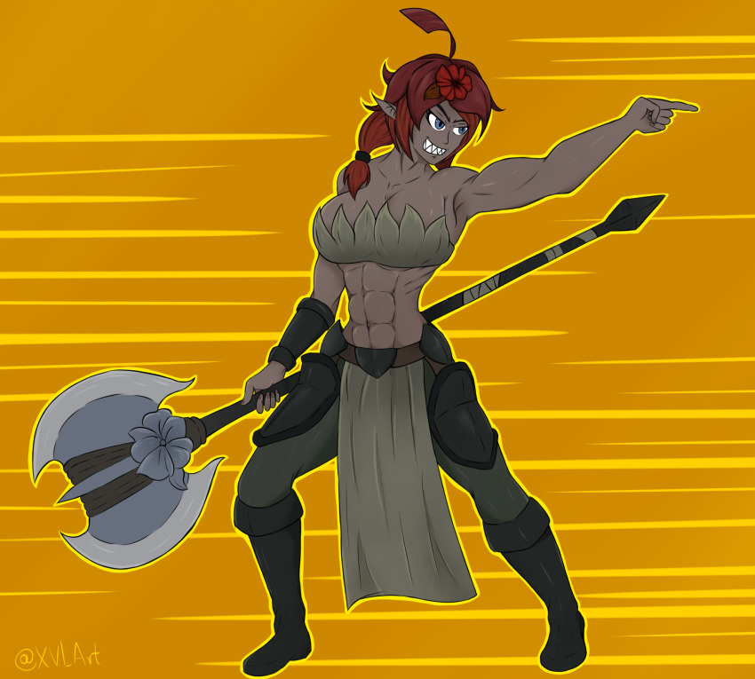 1girls abs armor athletic athletic_female axe belly_button belt biceps big_breasts blue_eyes boots bra bracer breasts cocky_smile flower hibiska holding_object holding_weapon leaf_bra leaf_hat midriff pants pointing pointy_ears pointy_teeth red_hair ruza signature simple_background smiling solo_female thighs xvi