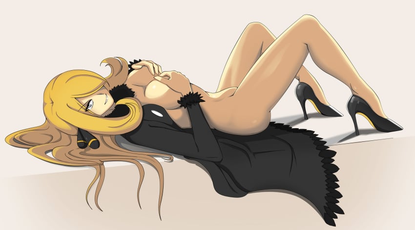 1girls 2023 adult adult_female amber_eyes ass ass_visible_through_thighs beige_skin big_breasts black_coat black_heels blonde_hair breasts coat covering_breasts creatures_(company) cynthia_(pokemon) female female_only functionally_nude game_freak grin grinning hair_decoration hair_ornament hair_over_one_eye hand_on_breast hands_on_breasts high_heels laying_down laying_on_back legs light-skinned_female light_skin long_hair looking_at_viewer mature mature_female medium_breasts mostly_nude nintendo nude pokemon pokemon_dppt pokemon_trainer pose realistic_breast_size realistic_proportions seductive seductive_look side_ass side_view simple_background smile solo solo_female solo_focus straight_hair vivivoovoo white_background yellow_eyes