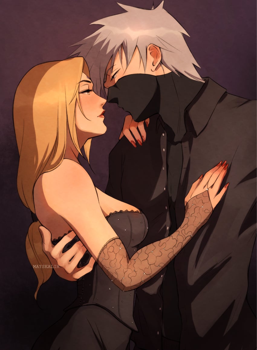 1boy 1girls age_difference big_breasts blonde_female blonde_hair clothed dress eye_contact eyes face-to-face female formal_wear fully_clothed hatake_kakashi highres looking_at_another male male/female mayskalih naruto naruto_(series) naruto_shippuden older_female romantic scar_across_eye sensual straight suit tsunade