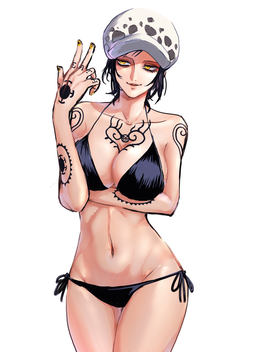 arm_under_breasts bags_under_eyes big_breasts bikini black_bikini black_hair chest_tattoo cleavage female female_only genderswap_(mtf) hat headwear hourglass_figure moth_ram nail_polish one_piece rule_63 short_hair shounen_jump side-tie_bikini smile solo swimsuit tattoo tattooed_arm tattoos trafalgar_law trafalgar_law_(female) wide_hips yellow_eyes yellow_nails