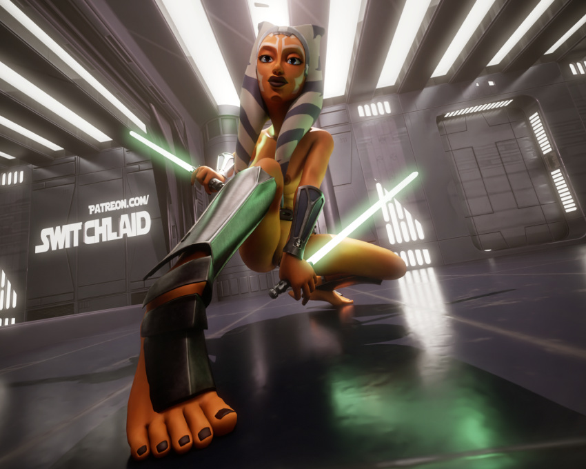 1girls 3d ahsoka_tano airress3d_(3d-modeller) feet female female_only fight hallway indoors lightsaber solo squatting star_destroyer star_wars switchlaid text toes togruta