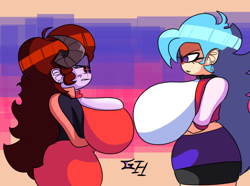 2girls angry competition cyan_hair female female_only friday_night_funkin girlfriend_(friday_night_funkin) greenhorn_(artist) height_difference huge_ass huge_breasts long_hair looking_at_each_other purple_skin red_hair sky_(friday_night_funkin) skyblue thick_thighs