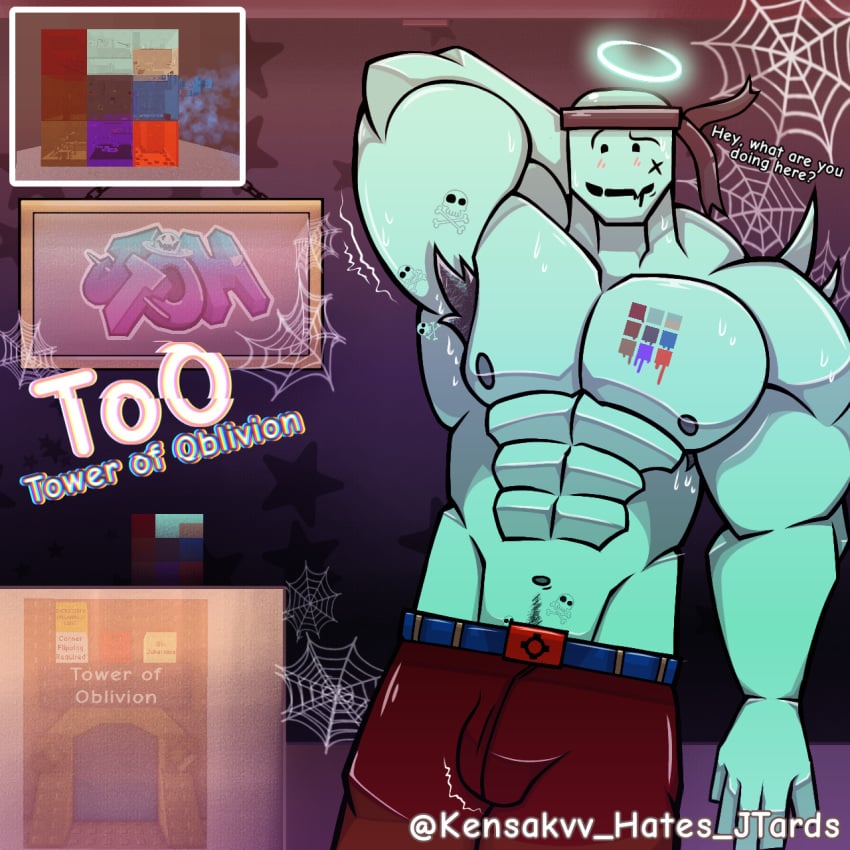 1boy abs arm_behind_head armpit_hair bara blush bulge embarassed gay happy_trail juke's_towers_of_hell kendrick_nsfw kensaku_(artist) killbricks kyoitekina male male_only muscles muscular_male partially_clothed pubic_hair pubic_hair_peek roblox roblox_game solo solo_focus sweat sweating tagme towerhuman_(jtoh) yaoi