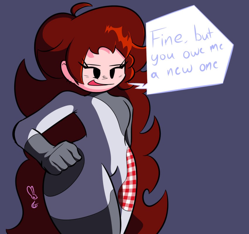 breast_expansion comic comic_page costume female friday_night_funkin girlfriend_(friday_night_funkin) greenhorn_(artist) hand_on_hip huge_hips long_hair mini_comic red_hair suit text vanny_(cosplay)