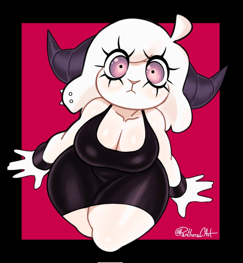 1girls big_breasts black_dress breasts cleavage eyelashes female female_only horns looking_at_viewer panthera_cantus piercing thick_thighs wide_hips