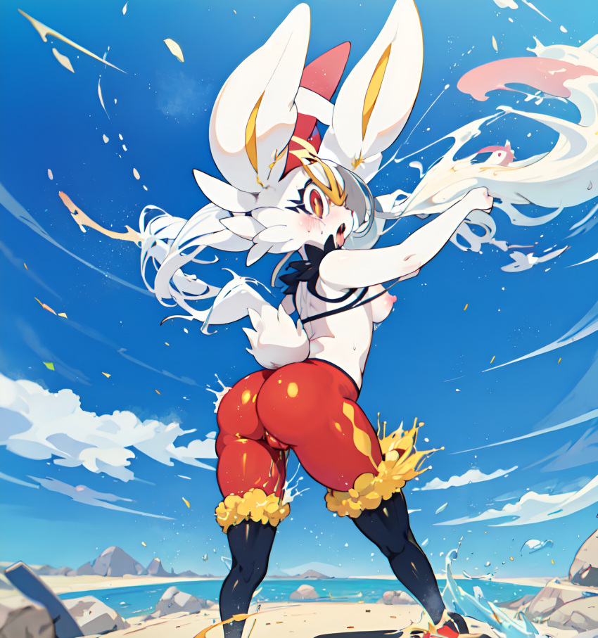 ai_generated anthro breasts cinderace female_cinderace furry game_freak generation_8_pokemon medium_breasts pixai pokémon_(species) pokemon red_eyes short_tail tagme water_splash