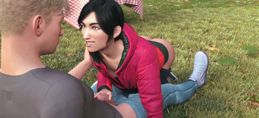 3dx black_hair boyfriend-girlfriend cgi cowgirl_position cute eyes_open grass green_eyes laying_on_ground looking_at_partner original_characters outdoors pants_down pants_pulled_down park playful romantic_couple sakirah sakirah_rodaun sfw smiling touching_penis