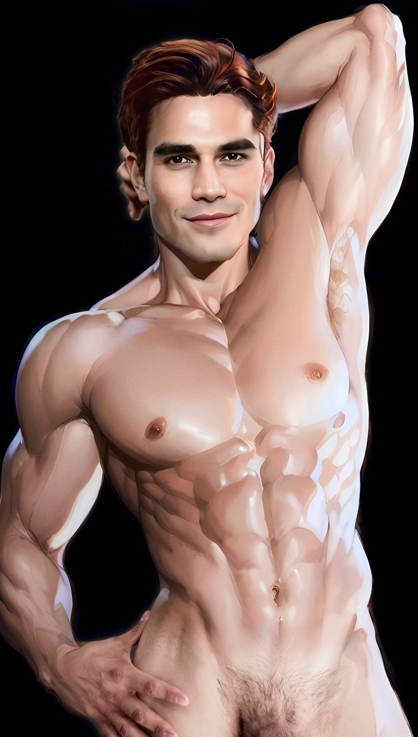 31fr0sty abs actor ai_generated armpit biceps bulging_biceps caucasian caucasian_male celebrity kj_apa male male_only muscles muscular muscular_male pecs penis_peek real_person smiling_at_viewer smooth_chest smooth_skin