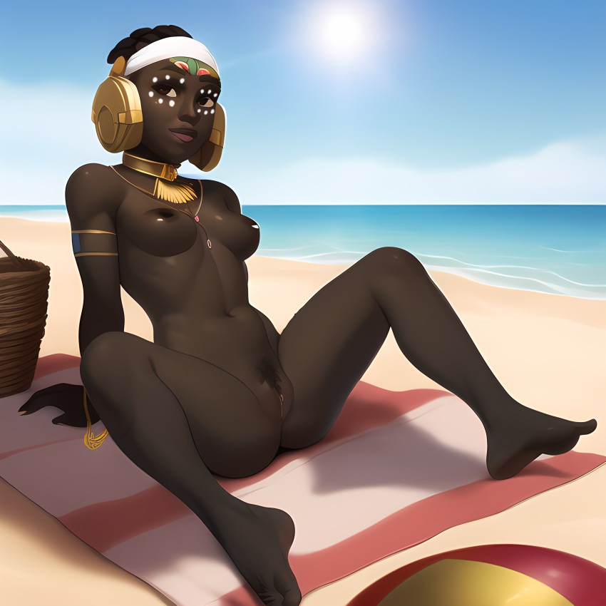 african african_female aged_up ai_generated beach breasts collar dark_skin efi_oladele gold_jewelry headband headgear necklace nipples overwatch tribal_markings vagina very_dark_skin