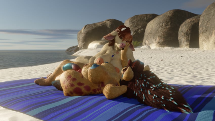 anthro beach belly bovid bovine breasts caring cuddling futanari hi_res hyena intersex intersex/intersex jinsariakhavra mammal mayternity pregnant pregnant_intersex seaside