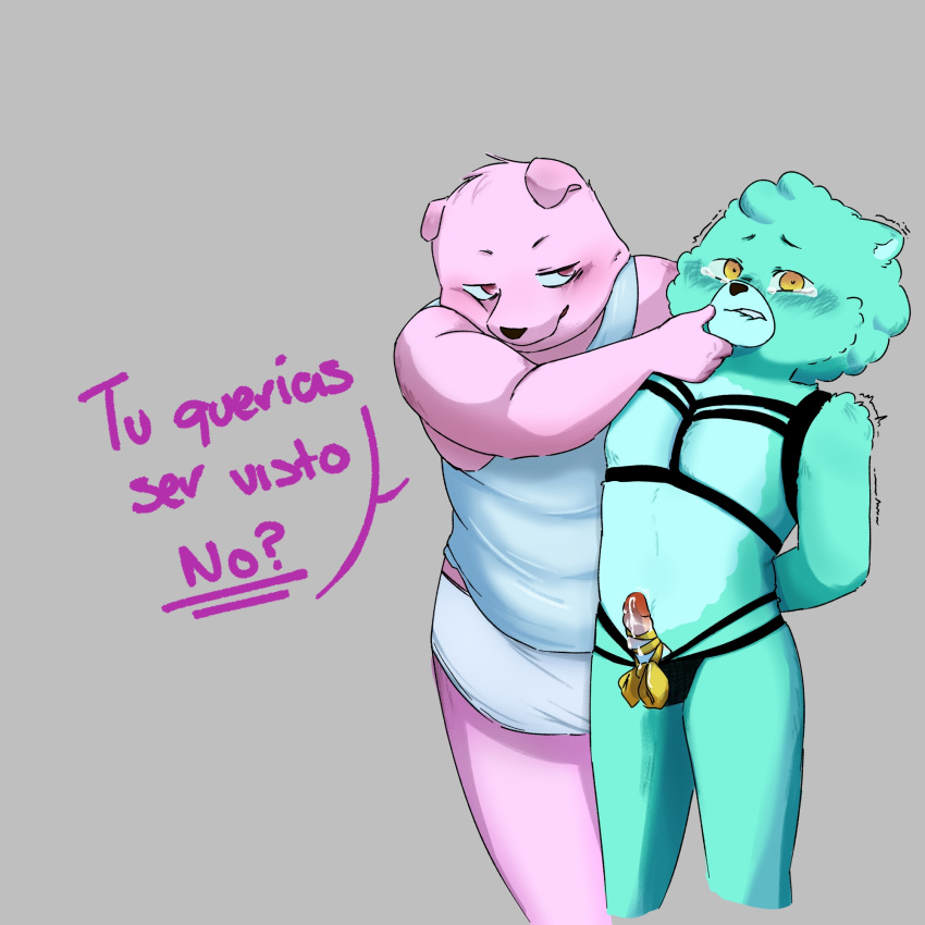 2023 achuchones_(unicorn_wars) anthro bear blue_body bodily_fluids clothing cum dialogue duo erection genital_fluids genitals gordi_(unicorn_wars) hi_res male mammal nekovid penis pink_body shirt simple_background slightly_chubby spanish_text text topwear underwear unicorn_wars