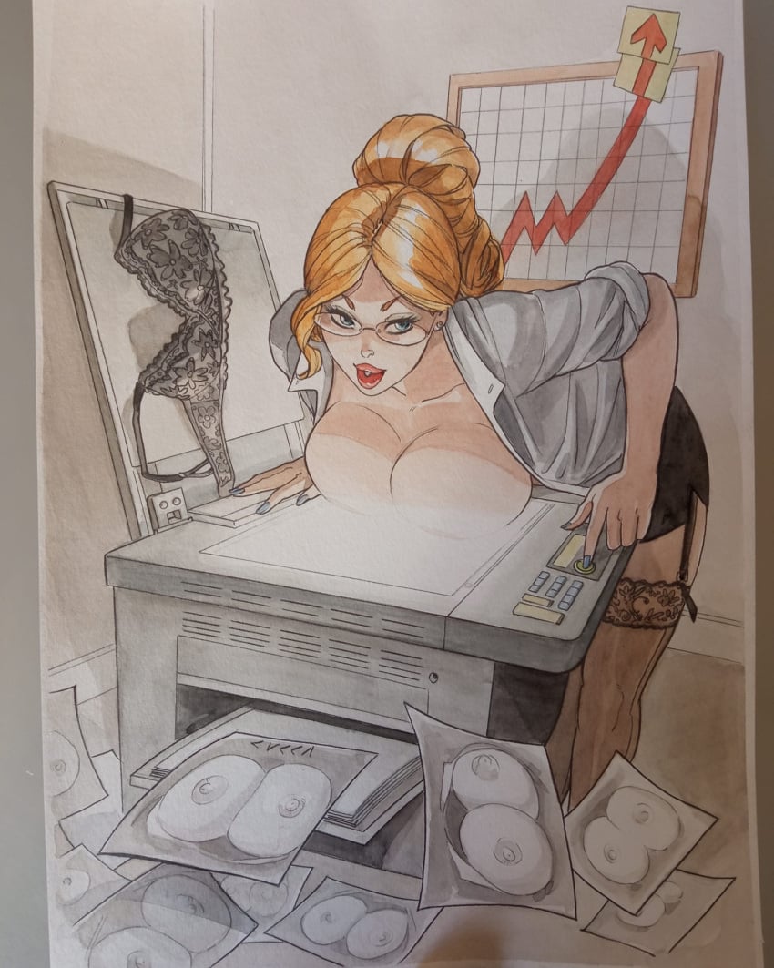 blonde_hair copy_machine glasses office_lady photocopier photocopying_breasts red_lipstick vincenzo_cucca