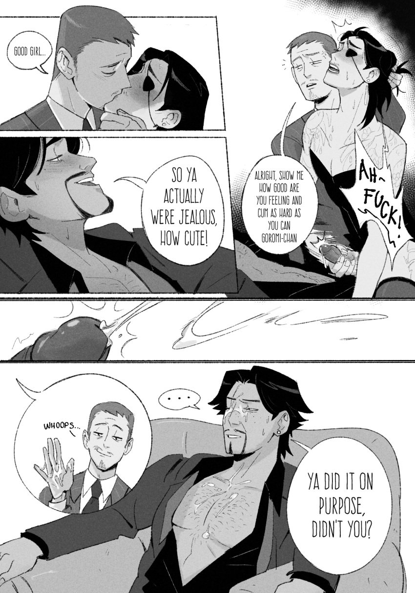 1girls 2boys blush comic comic_page cum cum_on_face cumshot dialogue dress eyepatch female goromi hair_pull jerkingoff_another kissing majima_goro monochrome nishitani_homare penis praise ryuu_ga_gotoku sagawa_tsukasa suit