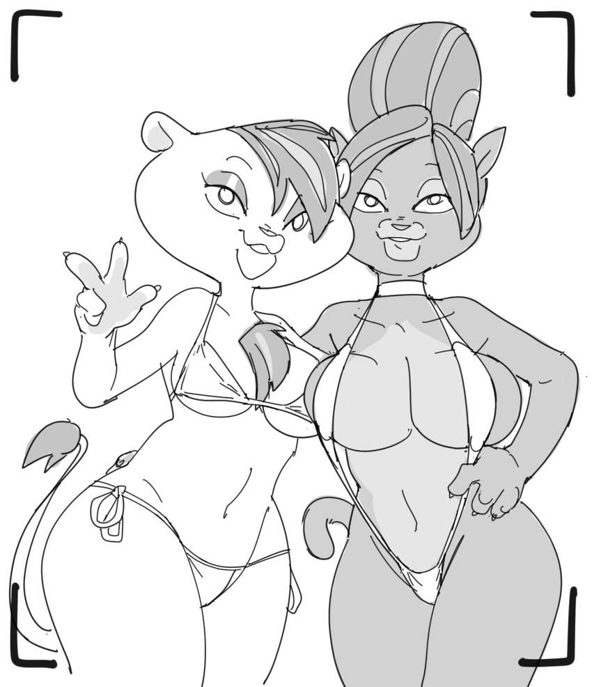 2020s 2023 2girls 4_fingers anthro anthro_only beehive_(hairstyle) bent_arm big_breasts bikini biped black_and_white breast_size_difference breasts bruma bulging_breasts camera_view chest_tuft claws clothed clothed_anthro clothed_female clothing countershade_torso countershading curved_eyebrows curvy_figure dark_body dark_fur dbaru digital_drawing_(artwork) digital_media_(artwork) duo el_arca eyebrows eyelashes eyelids eyeshadow felid female female_only finger_claws fingers fur fur_tuft glistening glistening_eyelids hair hand_on_another's_back hand_on_back hand_on_hip hand_on_own_hip hi_res humanoid_hands iris leaning leaning_aside lidded_eyes lion looking_at_viewer makeup mammal monochrome navel no_pupils pantherine panthy pose round_ears short_hair side-tie_bikini side-tie_clothing side_cut sketch skimpy skimpy_bikini skimpy_swimwear sling_bikini small_nose smile smiling_at_viewer standing string_bikini swimwear tail tail_tuft thick_thighs thin_eyebrows three-quarter_view tuft