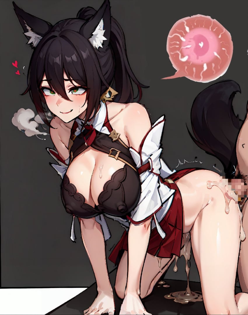 1boy 1girls 2023 ahe_gao ai_generated animal_ear_fluff animal_ears bare_shoulders black_bra black_hair blush breasts clothed_sex clothing cum cum_in_pussy cum_inside doggy_style dripping_cum female fox_ears fox_girl fox_tail from_behind green_eyes hair_ornament heavy_breathing hi_res honkai:_star_rail honkai_(series) impregnation kneeling long_hair male miyaki nipples_visible_through_clothing ovum ovum_with_heart penetration penis sex simple_background smile sperm_cell spread_legs tingyun_(honkai:_star_rail) vaginal_penetration x-ray