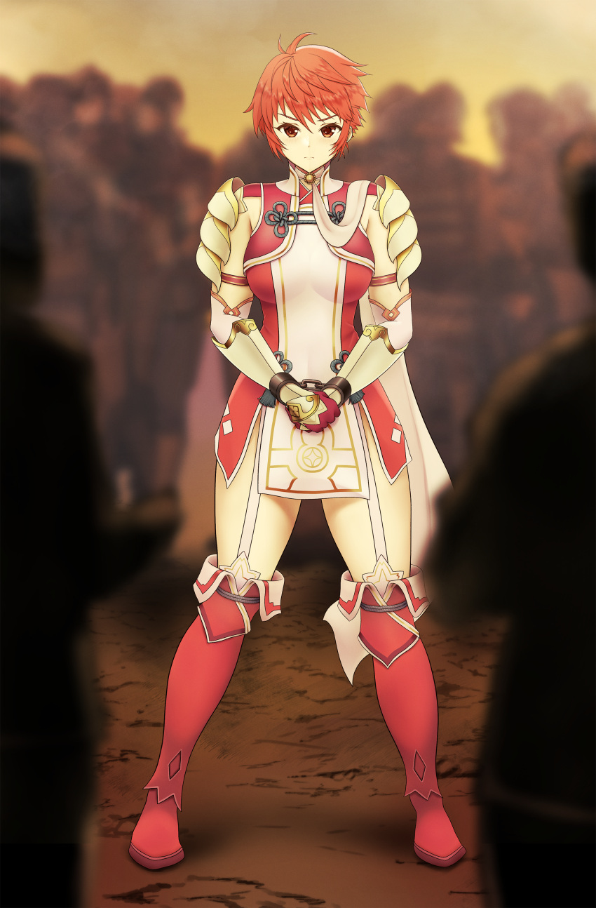 1girls angry bare_thighs bondage boots breasts chains defeated female female_focus femsub fire_emblem fire_emblem_fates frown garter_straps gloves handcuffs hinoka_(fire_emblem) humiliation large_breasts looking_at_viewer nintendo orange_eyes pelvic_curtain public public_humiliation public_nudity red_hair sakurein scarf short_hair solo_focus spoils_of_war thigh_boots thighs