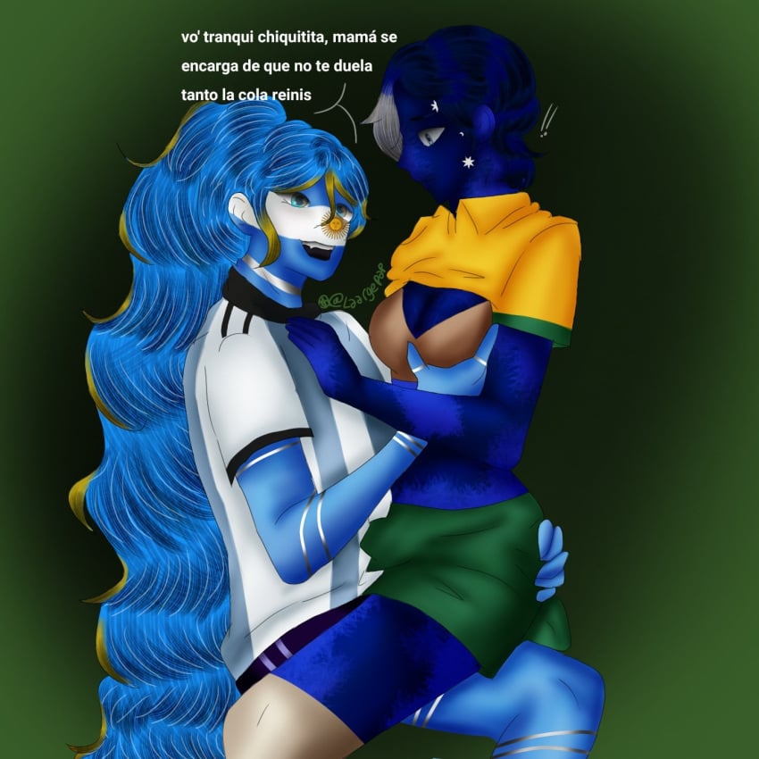 argentina_(countryhumans) australia_(countryhumans) blue_body blue_skin clothing countryhumans countryhumans_girl duo female female_only femdom ponytail spanish_text text tomboy world_cup yuri