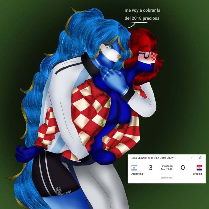 2girls argentina_(countryhumans) clothed_sex clothing countryhumans countryhumans_girl croatia_(countryhumans) female female_only femdom spanish_text text world_cup yuri