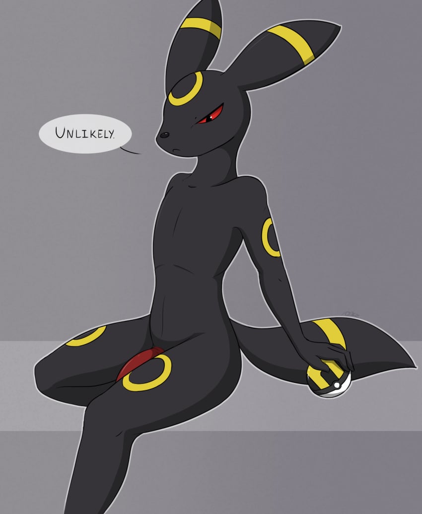 abstract_background anthro creature71 dialogue eeveelution generation_2_pokemon genitals glare hi_res male nintendo penis pokeball pokemon pokemon_(species) red_eyes sitting solo speech_bubble umbreon