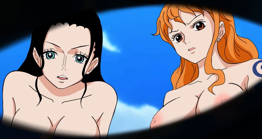 2girls1boy big_breasts black_hair blue_eyes brown_hair eyes female female_only from_above long_hair nami nico_robin nude one_piece orange_hair post-timeskip woken_up xeno_doujin