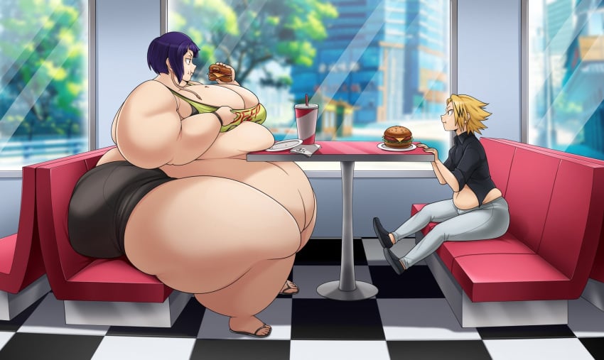 1boy 1girls bbw belly bhm big_belly big_breasts breasts burger cleavage denki_kaminari diner eating fat female food huge_belly huge_breasts kyoka_jiro male morbidly_obese my_hero_academia obese overweight overweight_female overweight_male ssbbw thunder_thighs vitlut2