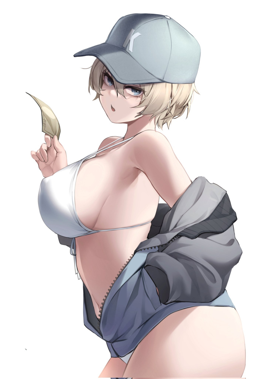 baseball_cap blue_eyes breasts cap girls_und_panzer headwear kanine41 keizoku_military_uniform swimsuit tagme white_hair white_swimsuit youko_(girls_und_panzer)