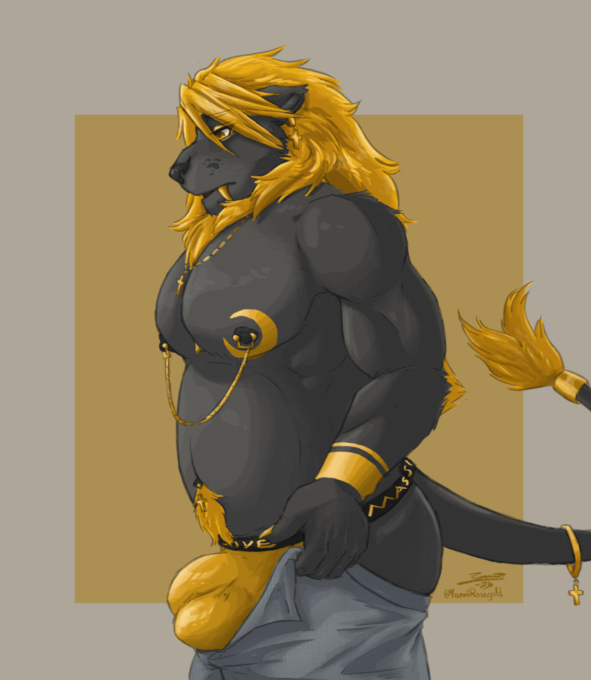 anthro big_bulge big_pecs black_body black_fur blonde_hair bottomwear bulge clothing ear_piercing eyeliner fangs felid fur gold_(metal) hair hi_res jewelry jockstrap lion makeup male mammal mane musclegut muscular nipple_piercing nipples pantherine pants pecs piercing sabertooth_(anatomy) solo tattoo teeth underwear yanni yannirosegold yellow_eyes