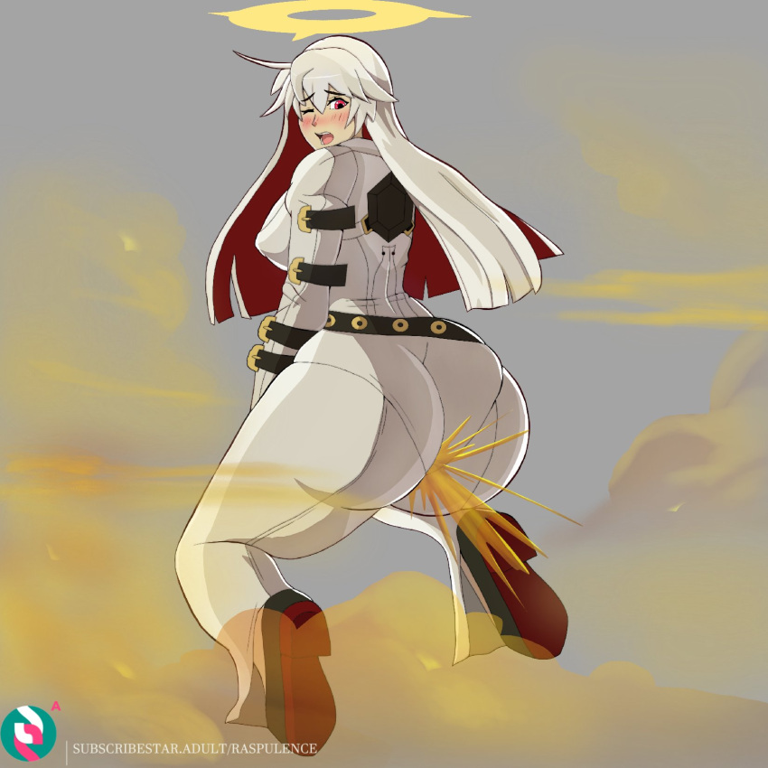 1girls ass big_ass blush bodysuit bubble_butt fart fart_fetish farting female_only guilty_gear guilty_gear_strive jack-o'_valentine one_eye_closed raspulence red_eyes red_hair sideboob solo_female white_hair