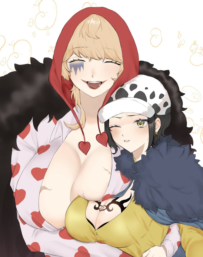 2girls 5_toge big_breasts black_hair blonde_hair blush breast_size_difference breast_squish canon_genderswap chest_tattoo chullo cleavage closed_eyes coif donquixote_rosinante facepaint female female_only genderswap genderswap_(mtf) hat headwear huge_breasts lipstick makeup medium_hair one_eye_closed one_piece red_lipstick rule_63 scars shiku_shiku_no_mi short_hair shounen_jump smile tattoo trafalgar_law trafalgar_law_(female) upper_body wholesome yellow_eyes yuri